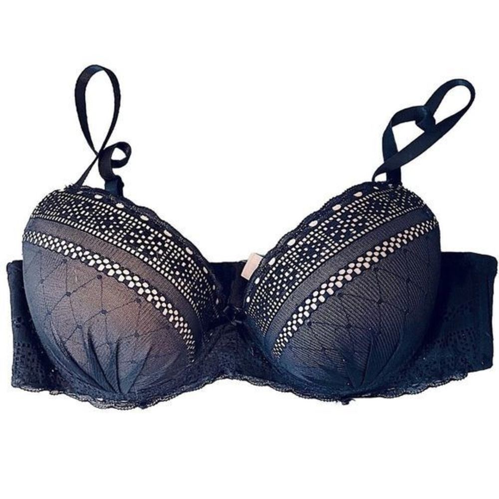 NEW Jezebel Sexy Pink & Black Plunge Push-up Bra — SZ 34C‎ &  MATCHING FREE GIFT